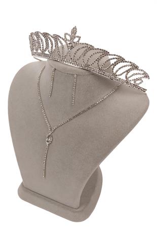 Rio Şık Kristal Taşlı Abiye Kolye Küpe Seti Ve Lale Gelin Tacı