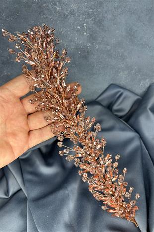 Rose Rengi Hera Kristal Boncuklu Gelin Kına Tacı Saç Ve Türban Aksesuarı