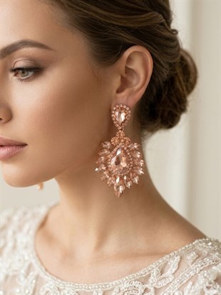 Rose Rengi Iris Damla Mekikli Taşlı Abiye Lüx Gelin Küpesi 