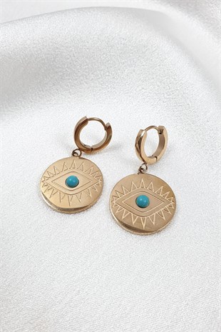 Rose Rengi Kirpikli Mavi Göz Taşsız Küpe