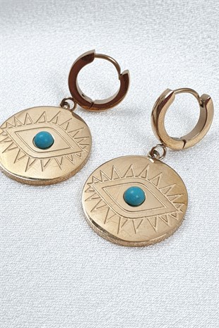 Rose Rengi Kirpikli Mavi Göz Taşsız Küpe