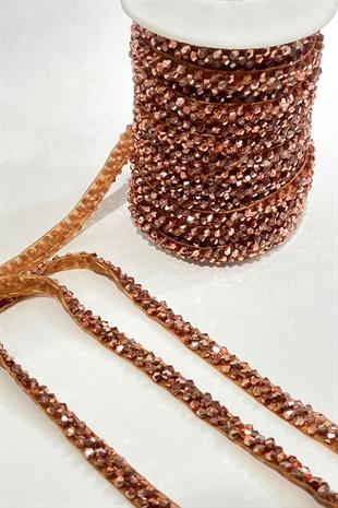 Rose Rengi Kristal Boncuk İşlemeli Şerit