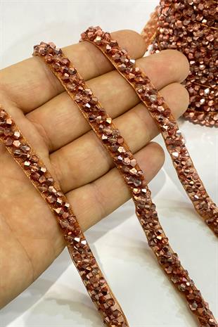 Rose Rengi Kristal Boncuk İşlemeli Şerit