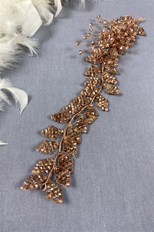 Rose Rengi  Kristal Boncuklu İliz Gelin Saç Ve Türban Aksesuarı