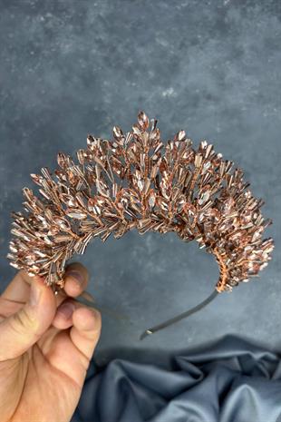 Rose Rengi Maria Yoğun İşlemeli Kristalli Gelin Kına Tacı Saç Aksesuarı