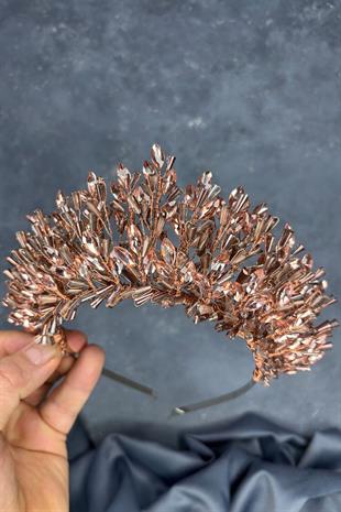 Rose Rengi Maria Yoğun İşlemeli Kristalli Gelin Kına Tacı Saç Aksesuarı