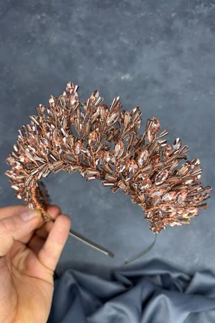 Rose Rengi Maria Yoğun İşlemeli Kristalli Gelin Kına Tacı Saç Aksesuarı