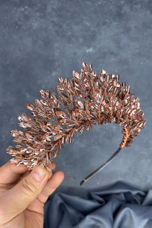 Rose Rengi Maria Yoğun İşlemeli Kristalli Gelin Kına Tacı Saç Aksesuarı