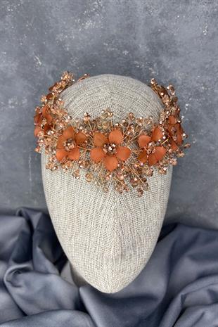 Rose Rengi Nileda Kristal Boncuklu Gelin Kına Tacı Saç Aksesuarı