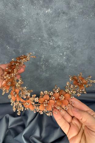 Rose Rengi Nileda Kristal Boncuklu Gelin Kına Tacı Saç Aksesuarı