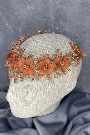 Rose Rengi Nileda Kristal Boncuklu Gelin Kına Tacı Saç Aksesuarı