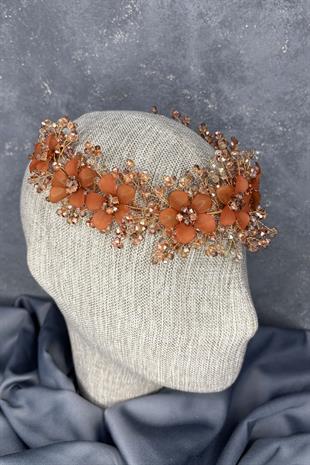 Rose Rengi Nileda Kristal Boncuklu Gelin Kına Tacı Saç Aksesuarı