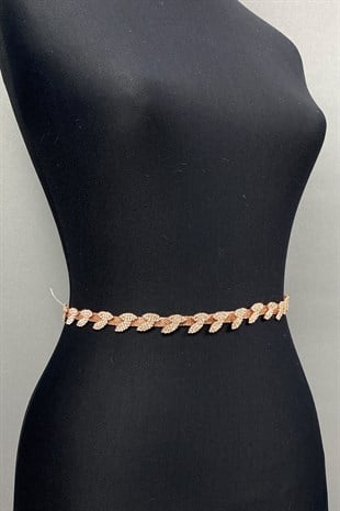 حزام خصر ملحق بنمط أوراق شجر رقيق بأحجار وردية اللون