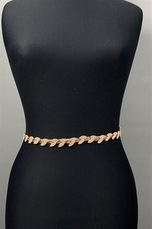 حزام خصر ملحق بنمط أوراق شجر رقيق بأحجار وردية اللون