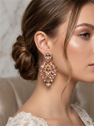 Rose Rengi Vera Mekik Vip Kristal Taşlı Abiye Gelin Küpesi