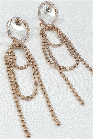 Rose Rengi Zincir Detaylı Sallantılı Saçak Küpe