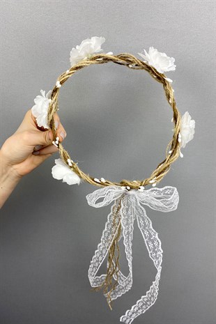 Sade Dizayn Çiçek ve Dantelli Dış Çekim Gelin Tacı Saç Aksesuarı