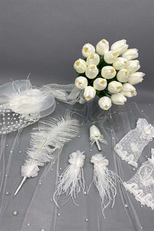 Sade Islak Laleli Gelin Çiçeği,Nikah Şapkası ve Gelin Eldiven Seti