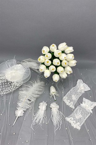 Sade Islak Laleli Gelin Çiçeği,Nikah Şapkası ve Gelin Eldiven Seti