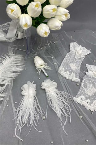 Sade Islak Laleli Gelin Çiçeği,Nikah Şapkası ve Gelin Eldiven Seti