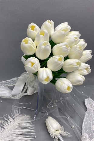 Sade Islak Laleli Gelin Çiçeği,Nikah Şapkası ve Gelin Eldiven Seti