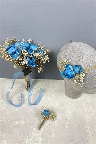 Peony Flower Cipso Bridal Bouquet Crown and Boutonniere Set