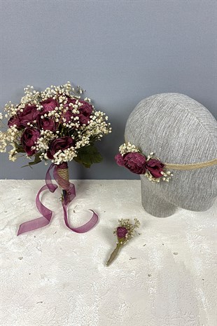 Peony Flower Cipso Bridal Bouquet Crown and Boutonniere Set