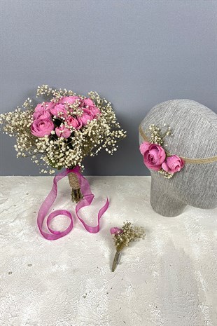 Peony Flower Cipso Bridal Bouquet Crown and Boutonniere Set