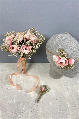 Peony Flower Cipso Bridal Bouquet Crown and Boutonniere Set