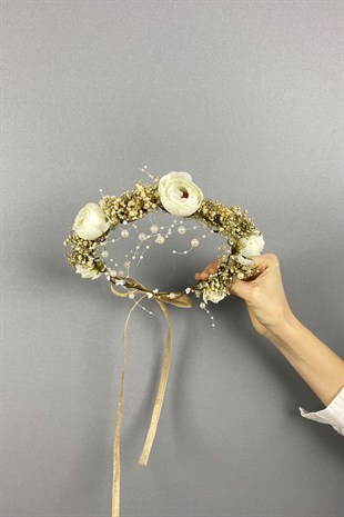 Şakayık Çiçekli Cipsolu İncili Fiyonklu Dış Çekim Gelin Tacı