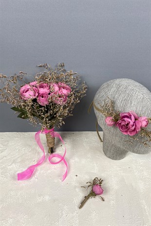 Şakayık Çiçekli Deniz Otlu Gelin Buketi Tacı ve Yaka Çiçeği Seti