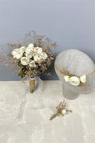 Şakayık Çiçekli Deniz Otlu Gelin Buketi Tacı ve Yaka Çiçeği Seti