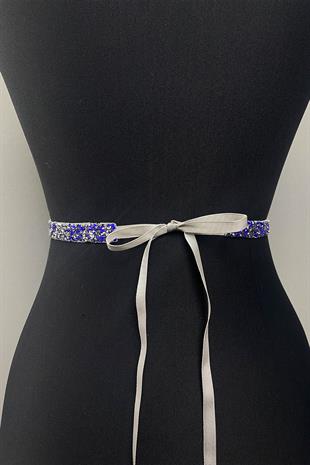 فستان سهرة مطرز بالخرز الأزرق إكسسوار حزام الخصر