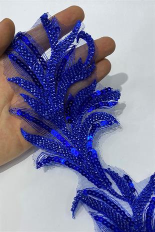 Saks Mavi Boncuk İşlemeli Yaprak Desenli Geniş Şerit Aplik 1 Metre