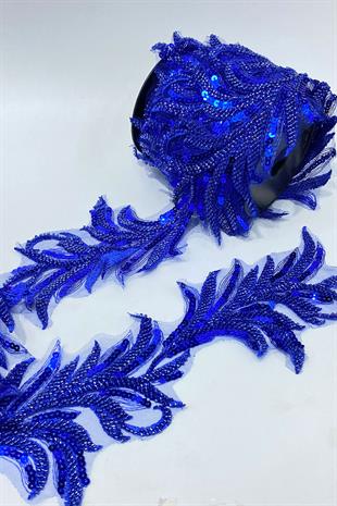 Saks Mavi Boncuk İşlemeli Yaprak Desenli Geniş Şerit Aplik 1 Metre