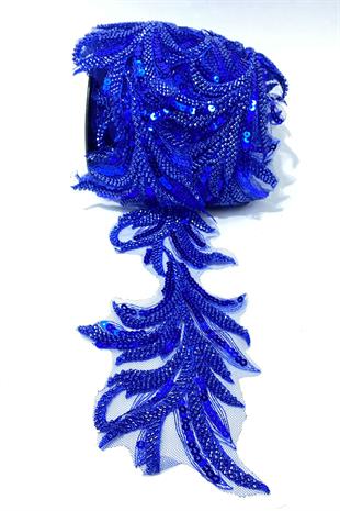 Saks Mavi Boncuk İşlemeli Yaprak Desenli Geniş Şerit Aplik 1 Metre