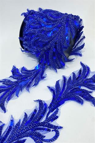 Saks Mavi Boncuk İşlemeli Yaprak Desenli Geniş Şerit Aplik 1 Metre