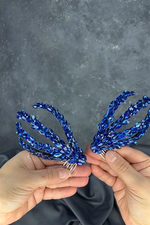 Saks Mavi Çift Taraflı Tarak Büge Gelin Saç Aksesuarı
