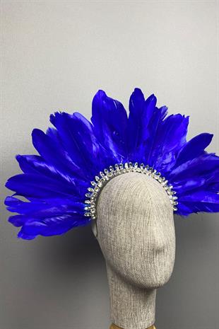 Saks Mavi Hera Tüylü Taşlı Gelin Kına Tacı Aksesuar