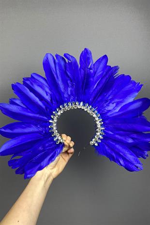 Saks Mavi Hera Tüylü Taşlı Gelin Kına Tacı Aksesuar