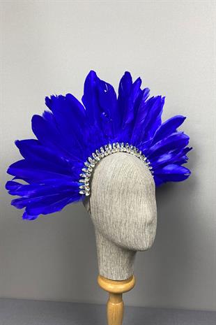 Saks Mavi Hera Tüylü Taşlı Gelin Kına Tacı Aksesuar