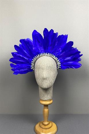 Saks Mavi Hera Tüylü Taşlı Gelin Kına Tacı Aksesuar