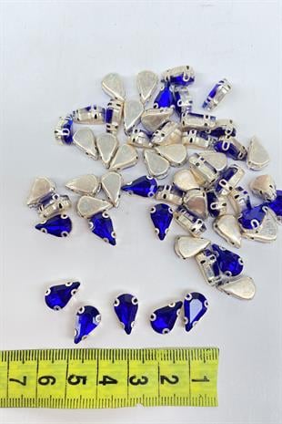 Saks Mavi Kasalı Dikme Parlak Cam Damla Boncuk 10 Adet