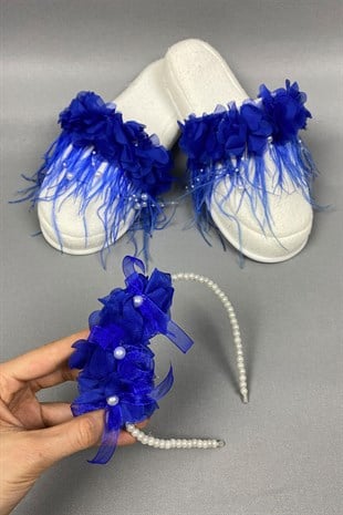 Sax Blue Laser Flowered Pearl Crown and Feathered Postpartum Slippers Set