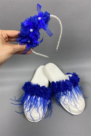 Sax Blue Laser Flowered Pearl Crown and Feathered Postpartum Slippers Set
