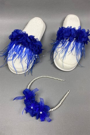 Sax Blue Laser Flowered Pearl Crown and Feathered Postpartum Slippers Set