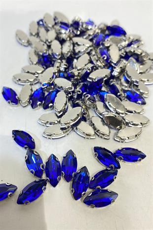 Saks Mavi Metal Kasalı Mekik Beyoğlu Taşı Dikme boncuk 10 Adet