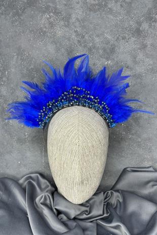 Saks Mavi Tüylü Kristal Boncuklu Arden Gelin Kına Tacı