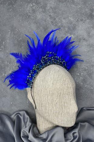 Saks Mavi Tüylü Kristal Boncuklu Arden Gelin Kına Tacı