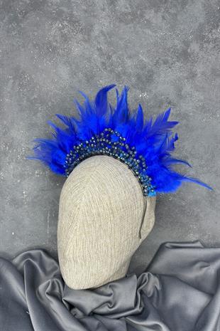 Saks Mavi Tüylü Kristal Boncuklu Arden Gelin Kına Tacı